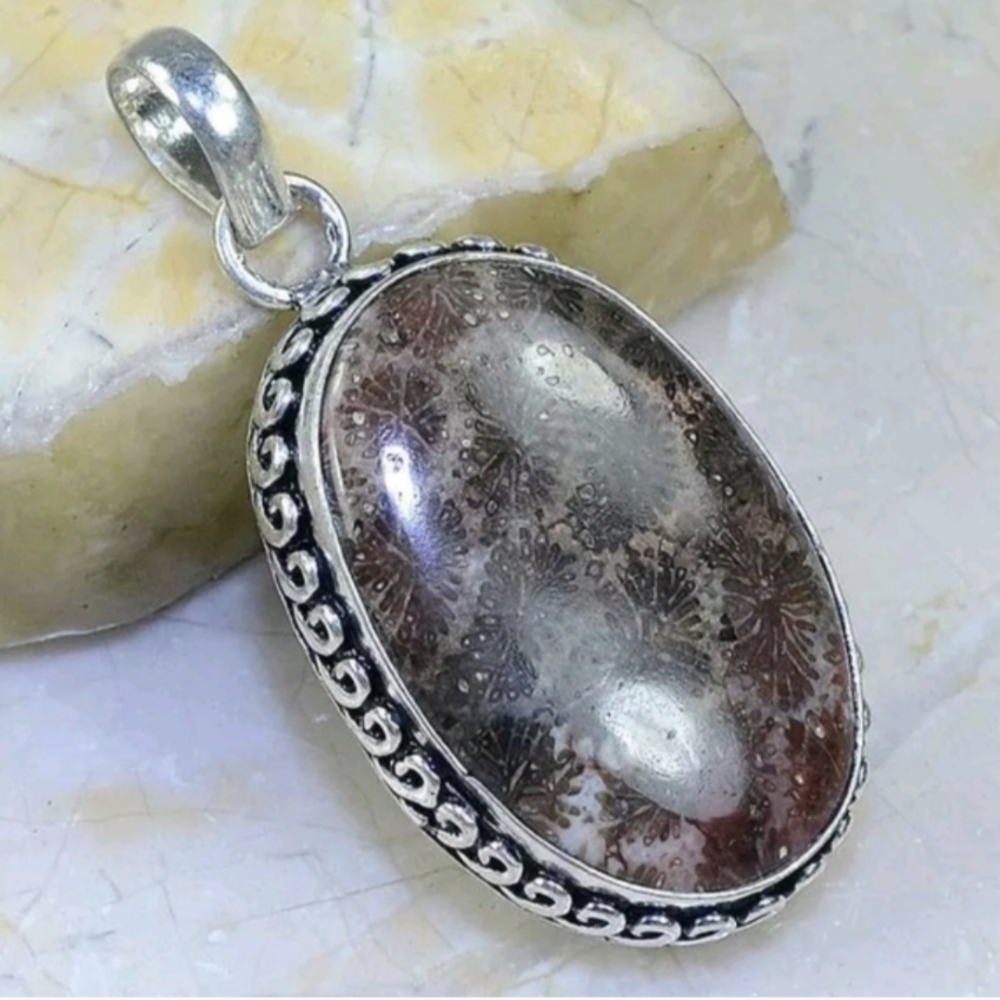 Boho Hand Crafted Oval Natural Chrysanthemum Jasper & Sterling Silver Pendant